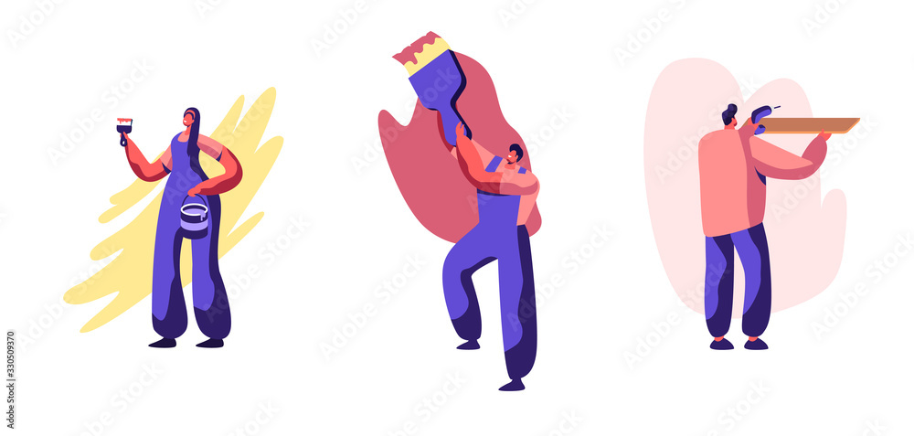 Obraz Set of Men and Women with Tools Repair Home. Call Master at Work, Husband for an Hour Service. Male Female Character Painting and Drilling Walls, Household Chores. Cartoon People Vector Illustration