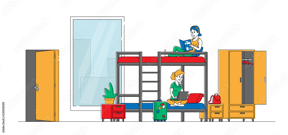 Cheap Hostel for Tourist Accommodation. Female Characters Sitting on Bunk Bed Reading Book Work on Laptop. Place for Living, Alternative Home, Room for Relaxation. Linear People Vector Illustration