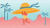 Young Happy Overweight Woman Character Holding Huge Tropical Hat in Hands Run along Summer Sandy Beach. Open Mind, Summertime Nature Vacation, Holiday and Active Lifestyle. Cartoon Vector Illustration