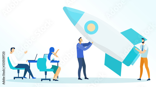 People Working Together, Cooperation, Partnership, Staring new Business Flat Cartoon Vector Illustration. Businessmen Holding Big Rocket. Solution collaboration. Teamwork Concept. Workers at Desk.