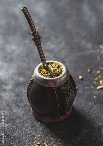 Latin American hot drink Yerba Mate in calabash