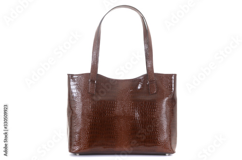 model of leather brown women bag isolated on white background