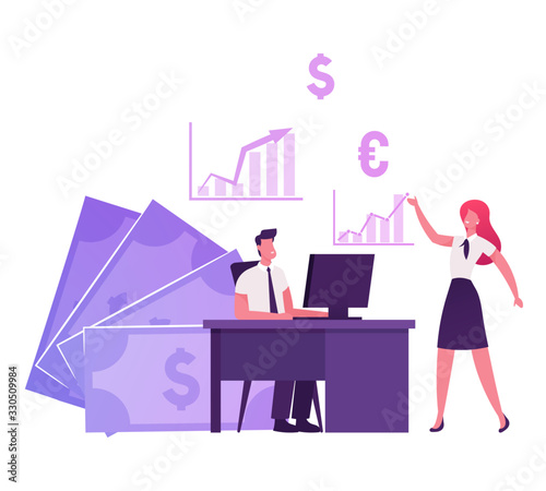 Business People Characters Traders Working on Computer Sell and Buy Currency, Palladium, Company Bonds and Precious Metals on Stock Market. Broker Service Pc Application. Cartoon Vector Illustration