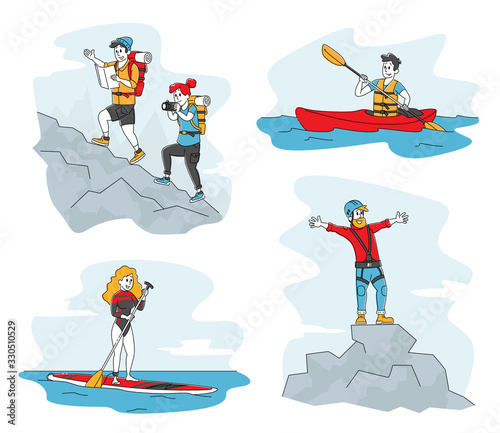 Tourism Set, Male and Female Characters Climbing in Mountains. Kayaking, Sup Board Water Sport Recreation, Outdoor Alpinism and Hiking Activity. Active People Outdoors Fun. Linear Vector Illustration