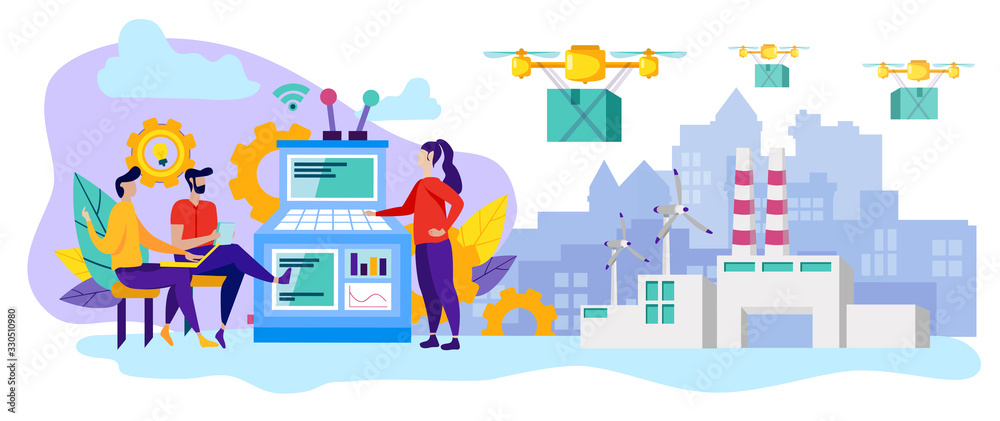 Production Line. Drone Carries Cargo. Operating System of Industrial Enterprise. Man and Woman Factory Worker. Woman Has Technique. Teamwork. Computer Technology. Vector Illustration. Delivery Cargo. Production Line. Drone Carries Cargo. Operating System of Industrial Enterprise. Man and Woman Factory Worker. Woman Has Technique. Teamwork. Computer Technology. Vector Illustration. Delivery Cargo.