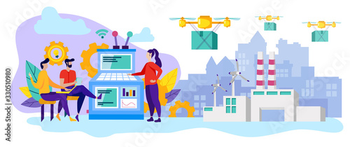 Production Line. Drone Carries Cargo. Operating System of Industrial Enterprise. Man and Woman Factory Worker. Woman Has Technique. Teamwork. Computer Technology. Vector Illustration. Delivery Cargo.