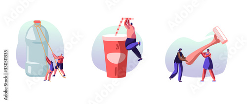 People Using Plastic Things. Male Female Characters Opening Water Bottle, Drinking Beverage from Cup, Carrying Shaving Machine. Human Consuming Products. Recycling Trash. Cartoon Vector Illustration