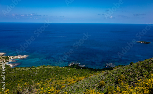 Green mountainous coast of the Mediterranean Sea on the Akamas Peninsula in the northwest of the island of Cyprus.