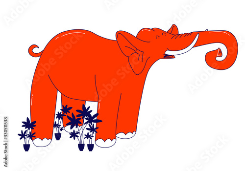 Huge Red Elephant Trumpet in Room or Office Stand among Potted Plants. Concept of Obvious Complicated Problem, Avoiding Difficult Situation and Evading Unpleasant Scenario. Linear Vector Illustration