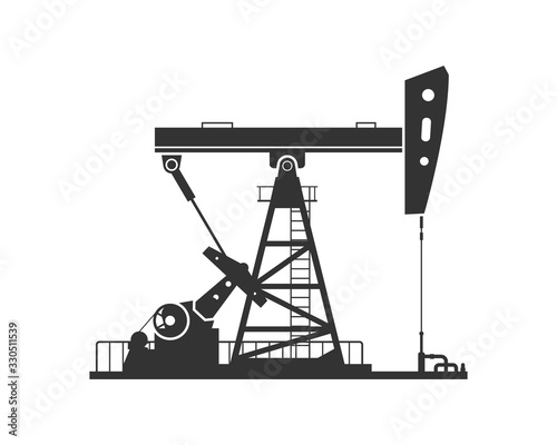 Black silhouette of the pump jack is isolated on a white background. Flat vector illustration, eps 10.