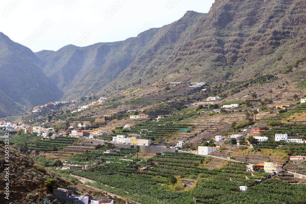 view to the village Hermigua on the Canary island La Gomera with multi colored houses and palm trees