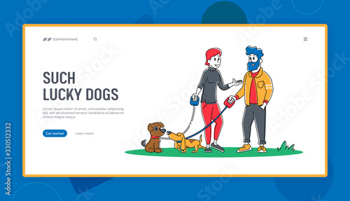 People Spending Time with Pets Outdoors Landing Page Template. Male and Female Characters Walking with Dogs in Public Park or Home Yard. Leisure, Communication with Animals. Linear Vector Illustration
