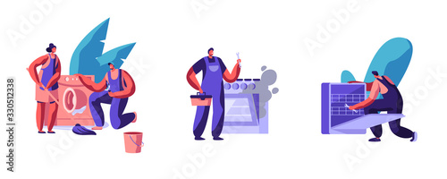 Set Repair Service, Husband for an Hour. Male Characters in Uniform Working with Instruments Fixing Broken Technics at Home. Electrician, Plumber Call Master Work. Cartoon People Vector Illustration