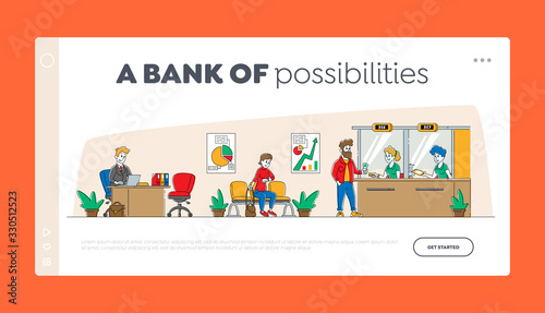 People Visiting Bank Landing Page Template. Woman Character Look at Watch Waiting in Bank Office with Workers and Clients. Man Customer Stand at Glass Window Changing Money. Linear Vector Illustration