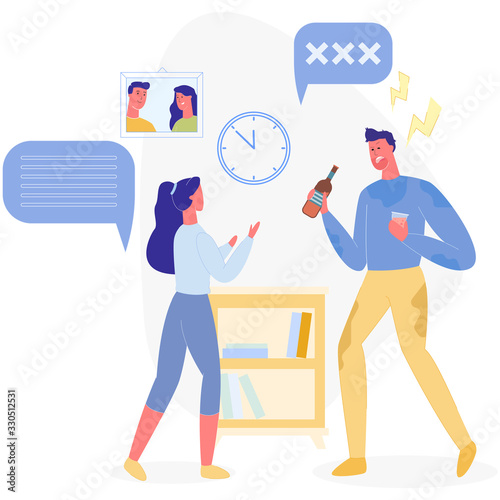 Young Man, Dead Drunk, Returning Home Five Minutes to Midnight with Wine Bottle and Glass, Filthy and Agressive. Wife, Having Fight with Husband Alcoholic. Happy Couple Picture on Wall.