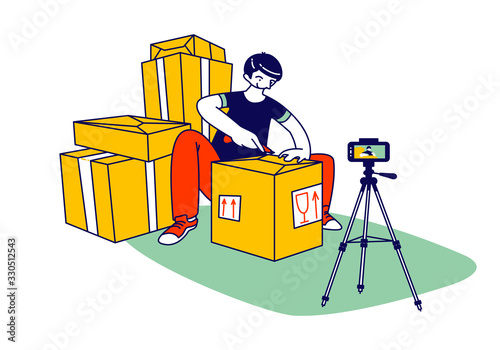 Online Parcel Unpacking Concept. Influencer Male Character Unboxing Purchase Recording Video for Internet Shopping Blog. Blogger, Vlogger Streaming, Video Product Review. Linear Vector Illustration