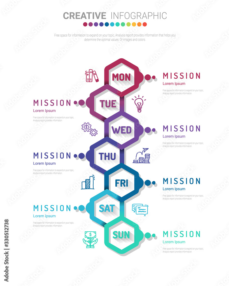 Naklejka premium Timeline business for 7 day, 7 options, Timeline infographics design vector and Presentation business can be used for Business concept with 7steps or processes.