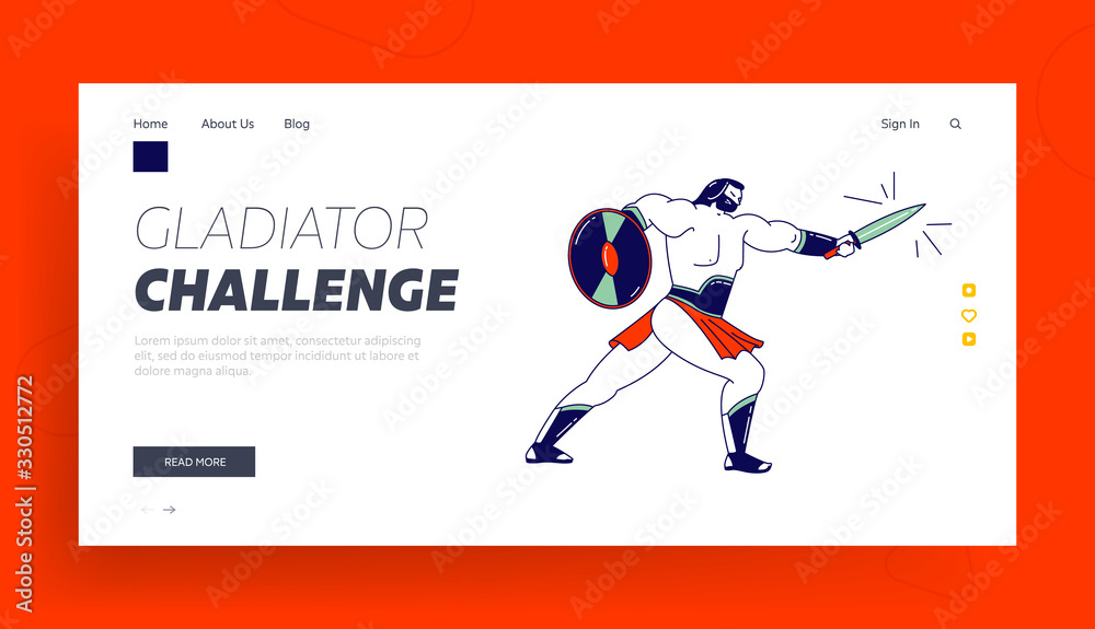 Gladiator Holding Shield and Sword Fighting on Coliseum Arena Landing Page Template. Spartan Male Character Legionary Soldier, Roman Warrior Ancient History or Combat Show. Linear Vector Illustration