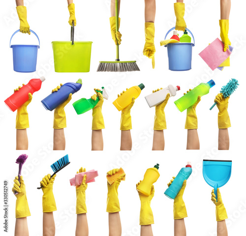 Set of hand in glove holding cleaning products isolated on white background