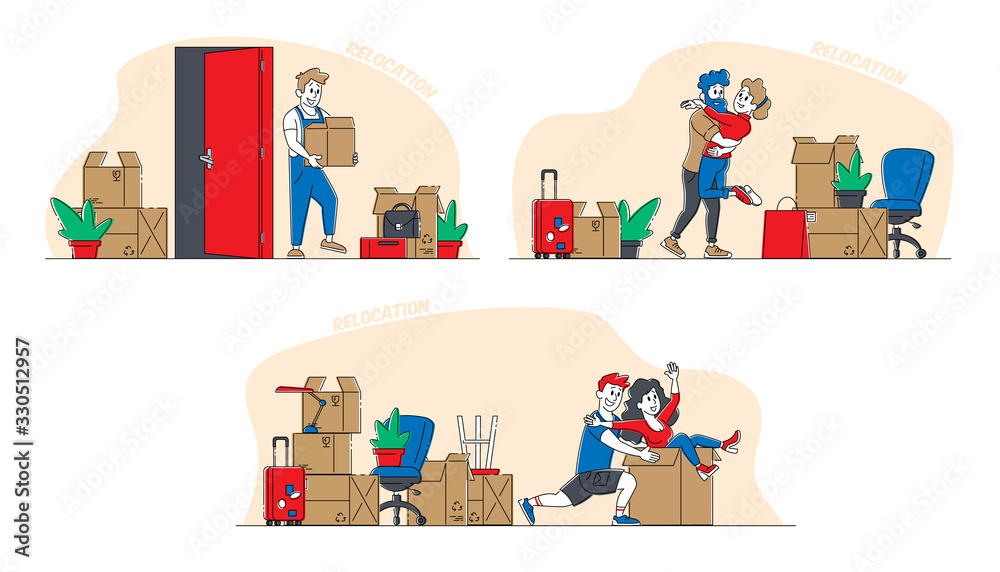 Set of Young People Relocation and Moving to New House. Family Couple Characters Hugging and Dancing in New Home with Unpacked Cardboard Boxes. Man and Woman Fooling. Linear People Vector Illustration
