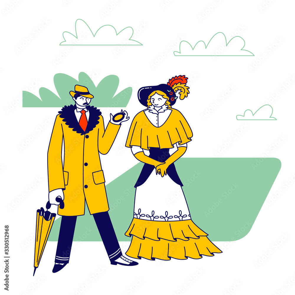 Elegant Man Dandy and Woman of Victorian Era. Gentleman in Frock Coat and Hat Look in Pocket Clock Hold Umbrella in Hand Lady in Long Dress. Old Fashioned Characters. Linear People Vector Illustration Elegant Man Dandy and Woman of Victorian Era. Gentleman in Frock Coat and Hat Look in Pocket Clock Hold Umbrella in Hand Lady in Long Dress. Old Fashioned Characters. Linear People Vector Illustration