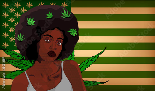 Afro hair style woman with cannabis leafs in her hair. Usa flag green with cannabis leaf on the background. 