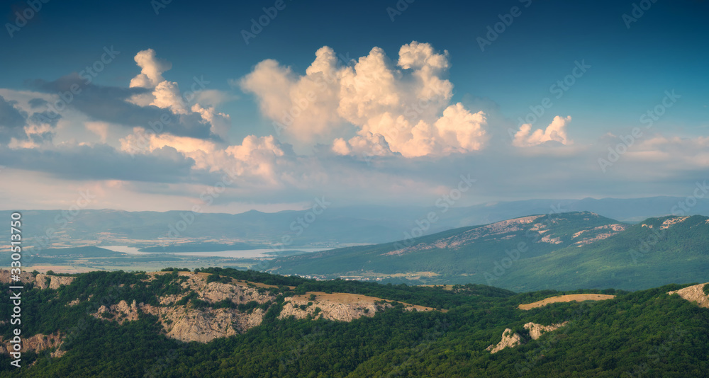 Panoramic view of Crimea mountain valley at sunset