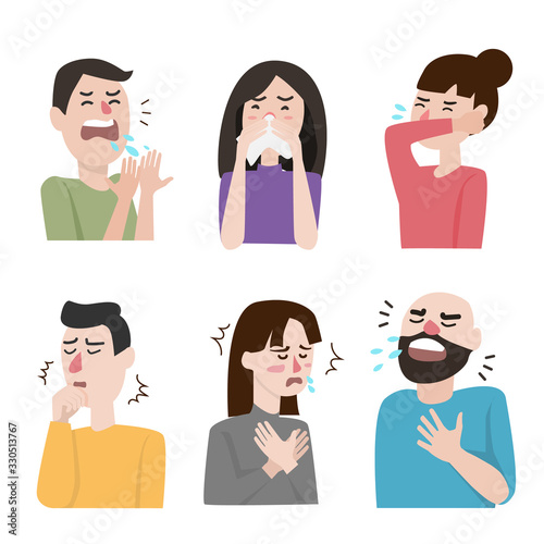 set of icon about cough and different diseases symptoms - fever, cough, snot, allergy and other people illness signs.   vector illustration. flat design isolated on white background.