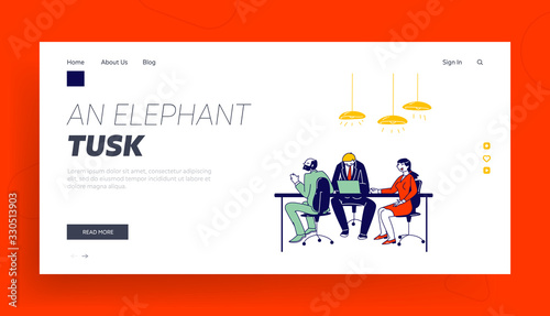 Business Board Meeting in Office Landing Page Template. Businesspeople Characters Brainstorming Group around Table Planing Start Up Project and Solving Finance Problems. Linear Vector Illustration