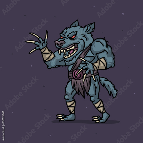 Werewolf character angry attacks. Character is divided into layers for animation