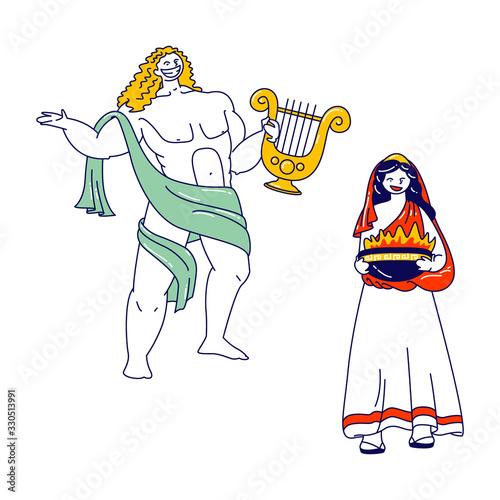 Ancient Greek Gods Characters Appolon or Phoebus Patron of Light and Arts and Hesita or Vesta Patroness of Hearth and Sacrificial Fire, Deities Characters in Olympus. Linear People Vector Illustration