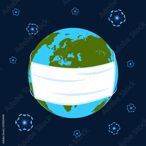 The Earth planet with medical mask. Global virus protection concept. A coronavirus flies around the planet. View of the planet with Europe and Russia. Coronavirus awareness poster.