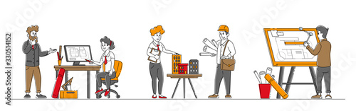 Set of Architects and Engineer Characters Working on Project Painting Plan on Blueprint and Presenting House Mock Up. Building and Engineering Construction Works. Linear People Vector Illustration