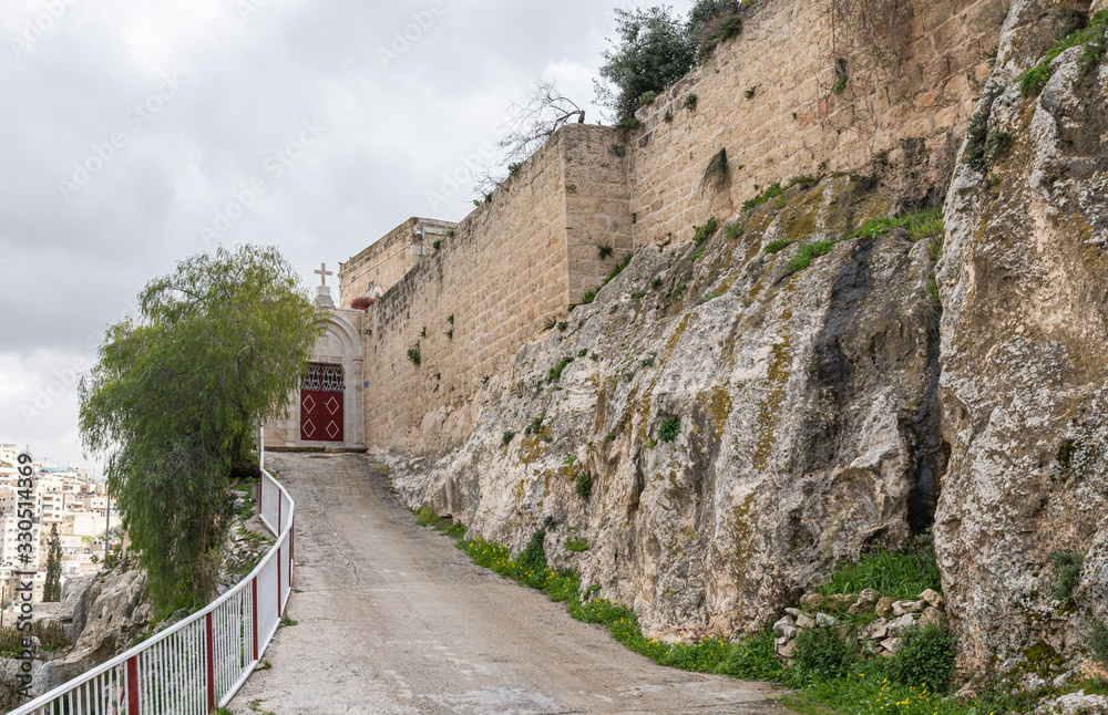 The entrance to the Greek Akeldama Monastery in the old city of Jerusalem in Israel