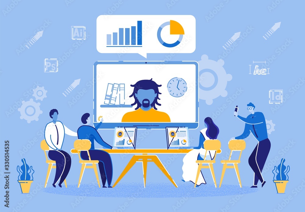 Online Conference with Companys Business Partner. Group Young People Discusses Financial Results Corporation with Video Communication Partner. Bearded Man on Monitor Screen Advises on Work Employees Online Conference with Companys Business Partner. Group Young People Discusses Financial Results Corporation with Video Communication Partner. Bearded Man on Monitor Screen Advises on Work Employees