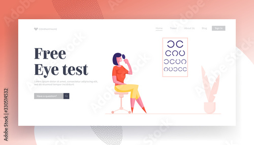 Eyesight Check Up Procedure in Clinic Landing Page Template. Woman Character Look at Test Chart for Vision Checkup. Patient in Oculist Office Professional Optician Exam. Cartoon Vector Illustration