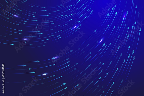 Curved arrows motion flow to up right direction vector dark neon blue background for finance brochure cover. Neon blue curved lines speed upward motion, flowing lines technology, success concept.