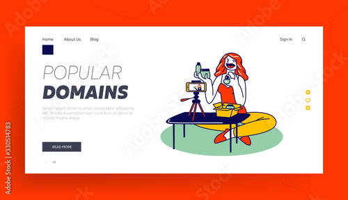 Blogger Cosmetics Product Review Landing Page Template. Young Girl Beauty Blogger Character Open Parcel Shooting Blog for Women Recording Video on Smartphone Opening Parcel. Linear Vector Illustration