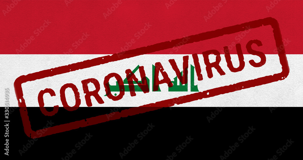 Flag of Iraq on paper texture with stamp, banner of Coronavirus name on it. 2019 - 2020 Novel Coronavirus (2019-nCoV) concept, for an outbreak occurs in the Iraq.