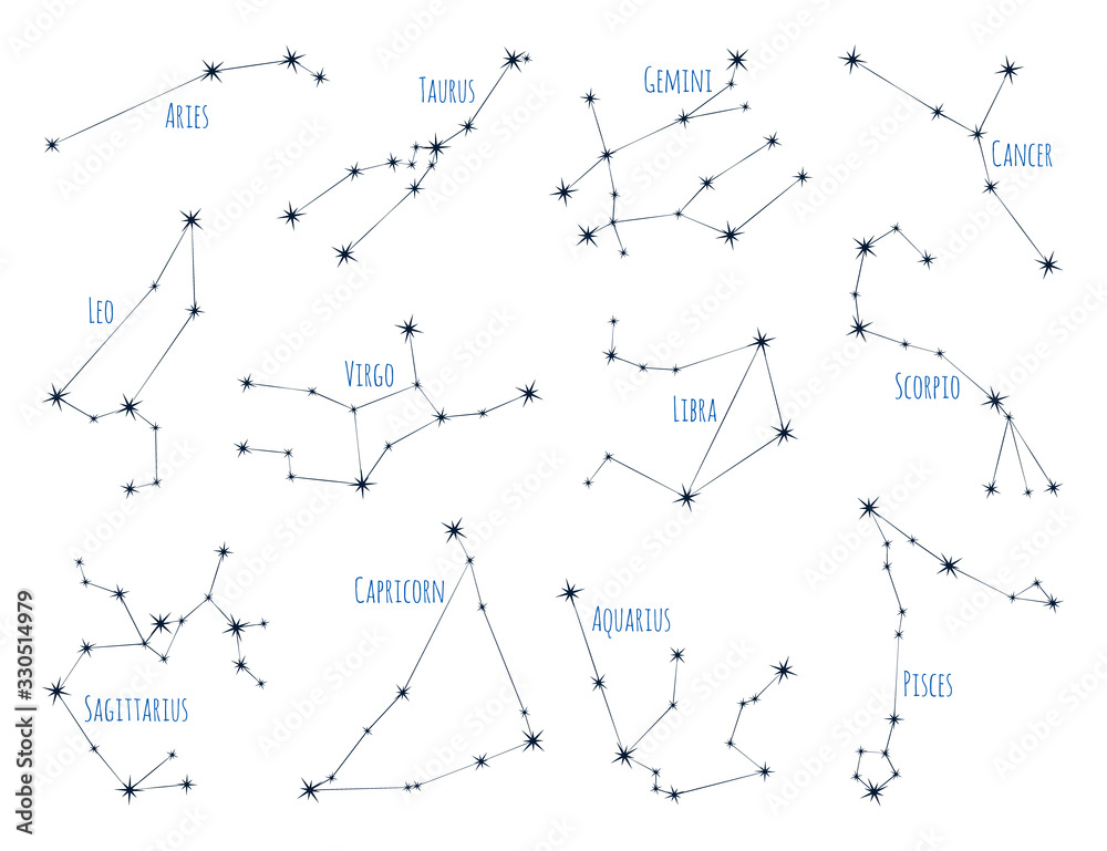 12 zodiac star constellations astrology signs vector set. Aries, Taurus, Gemini, Cancer, Leo, Virgo, Libra, Scorpio, Sagittarius, Capricorn, Aquarius, Pisces zodiac constellations of stars and lines