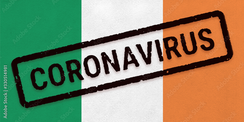 Obraz premium Flag of Ireland on paper texture with stamp, banner of Coronavirus name on it. 2019 - 2020 Novel Coronavirus (2019-nCoV) concept, for an outbreak occurs in the Ireland.