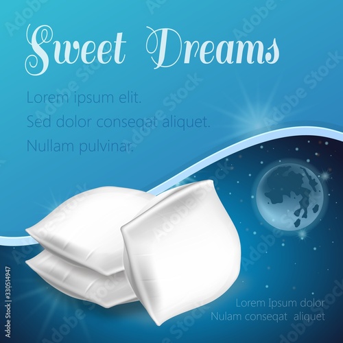 Three White Pillow on Galaxy Background and Text. Cotton Surface. Orthopedic Pillow. Healthy Sleep. Sleep on Pillow. Sweet Dreams. Advertising Image. Anatomical Form. Vector Illustration.