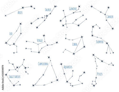 12 zodiac star constellations astrology signs vector set. Aries, Taurus, Gemini, Cancer, Leo, Virgo, Libra, Scorpio, Sagittarius, Capricorn, Aquarius, Pisces zodiac constellations of stars and lines