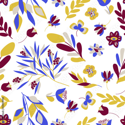Seamless vector pattern. Pattern of leaves and flowers for the decoration of textiles, wallpaper and packaging