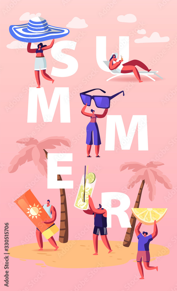 Summer Time Season Concept. People Enjoying Summertime Vacation, Relaxing on beach. Male and Female Characters Tanning on Seaside of Exotic Resort Poster Banner Flyer. Cartoon Vector Illustration