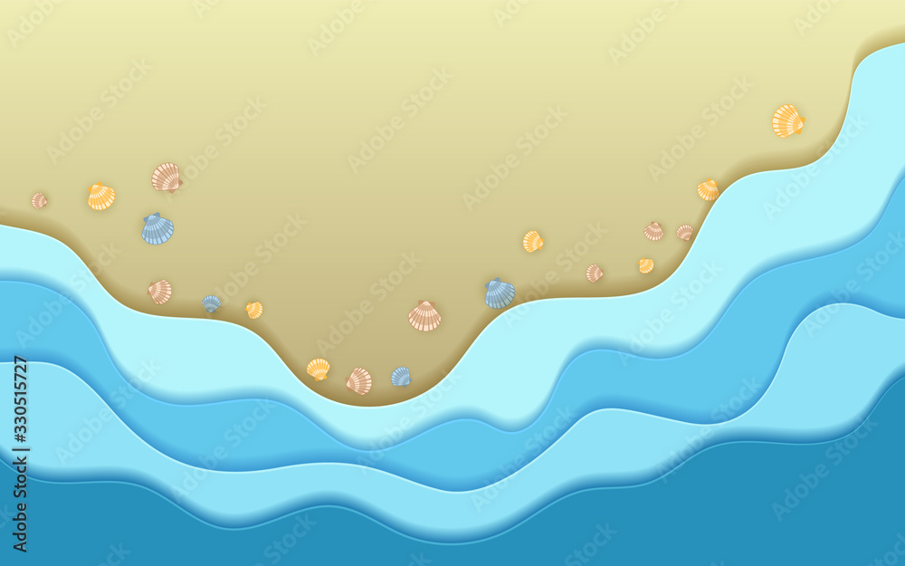 Sand beach, ocean blue coastal waves and sea shells summer background vector illustration. Paper cut origami effect design. Marine seaside sand, caribbean coastal blue water, sea waves foam