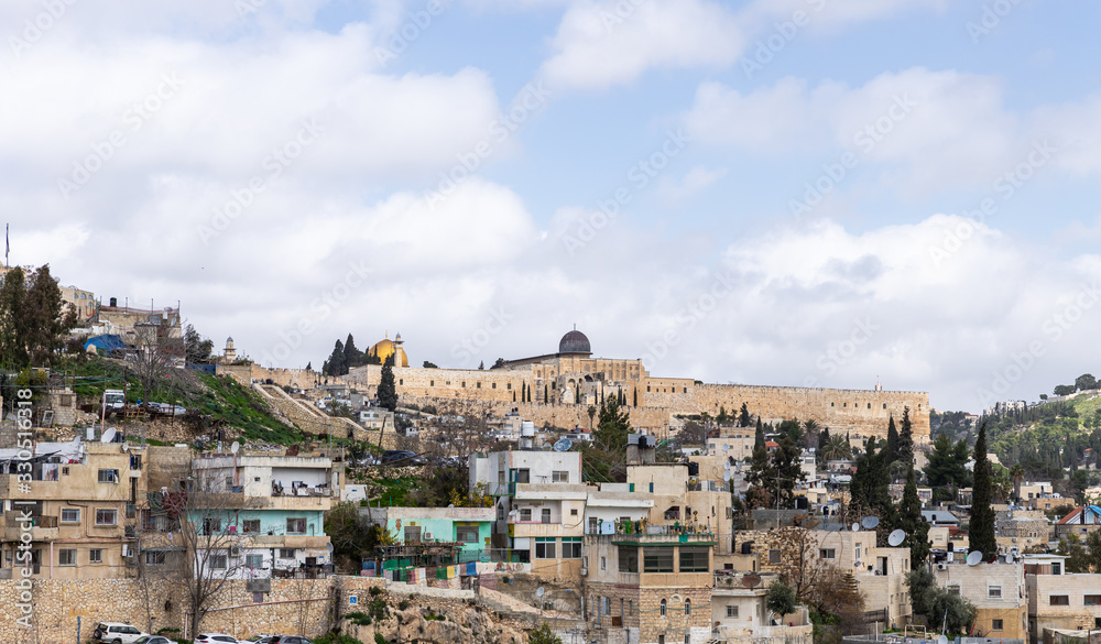 View of the old city of Jerusalem and the Temple Mount from the Abu Tor district of Jerusalem city in Israel