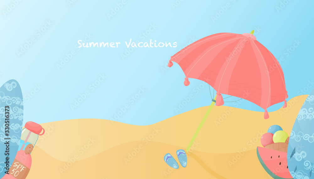 Summer beach poster, flyer or beach party invitation with umbrella, surfboard, flippers and slippers. Vector illustration