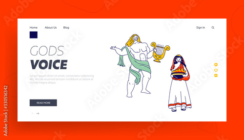 Ancient Greek Gods Characters Landing Page Template. Appolon or Phoebus Patron of Light and Arts and Hesita or Vesta Patroness of Hearth, Olympus Deities Characters. Linear People Vector Illustration