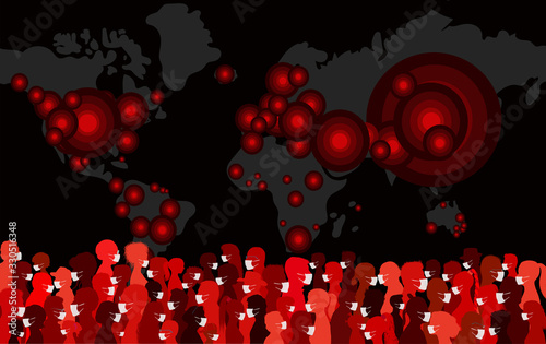 Coronavirus.Group of people wearing medical masks.Crowd of people protecting themselves against pandemic epidemic infection.Virus contamination.Vaccination.Antivirus. Danger of contagion
